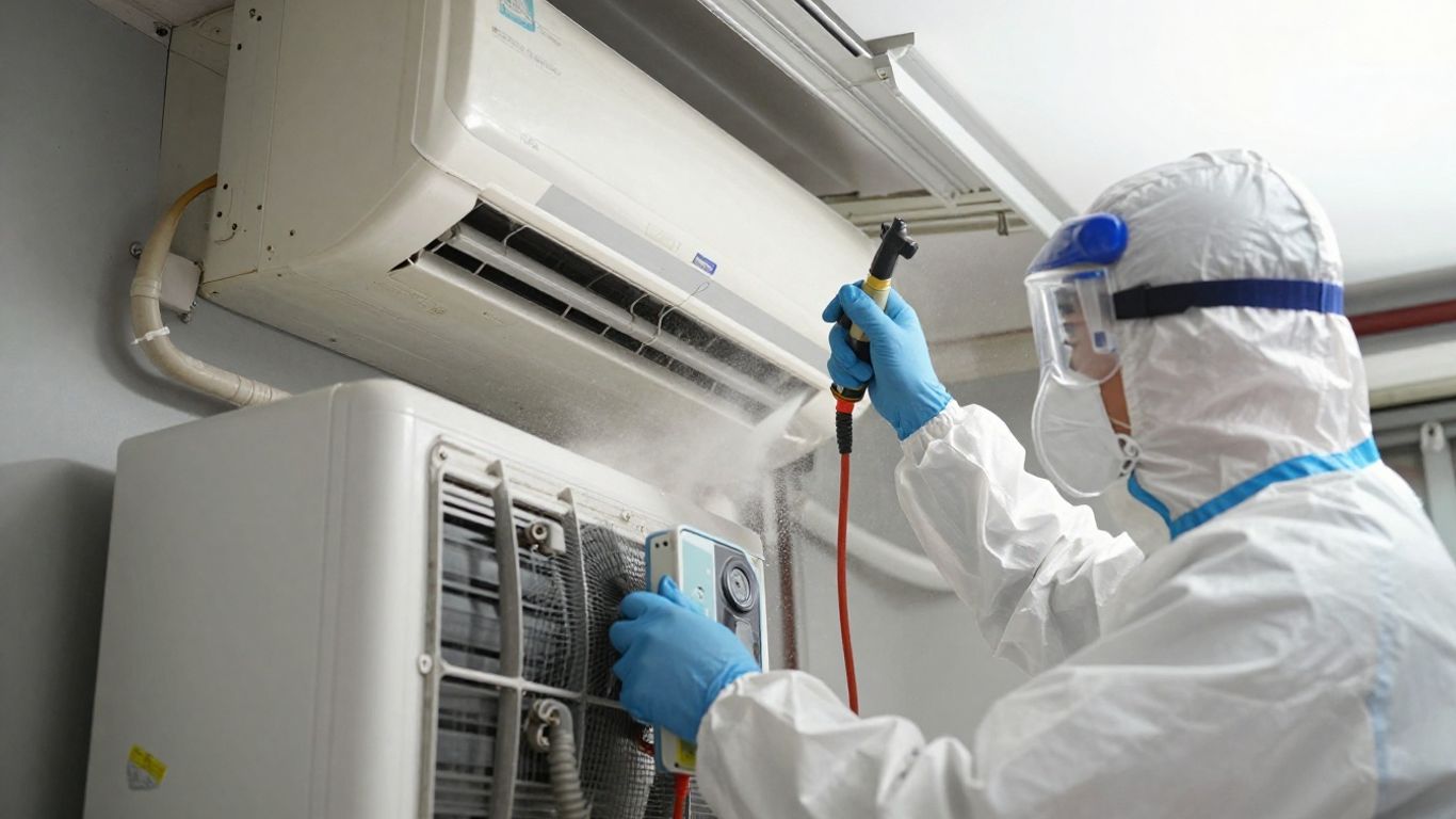 Air duct cleaning technician working inside a home duct.