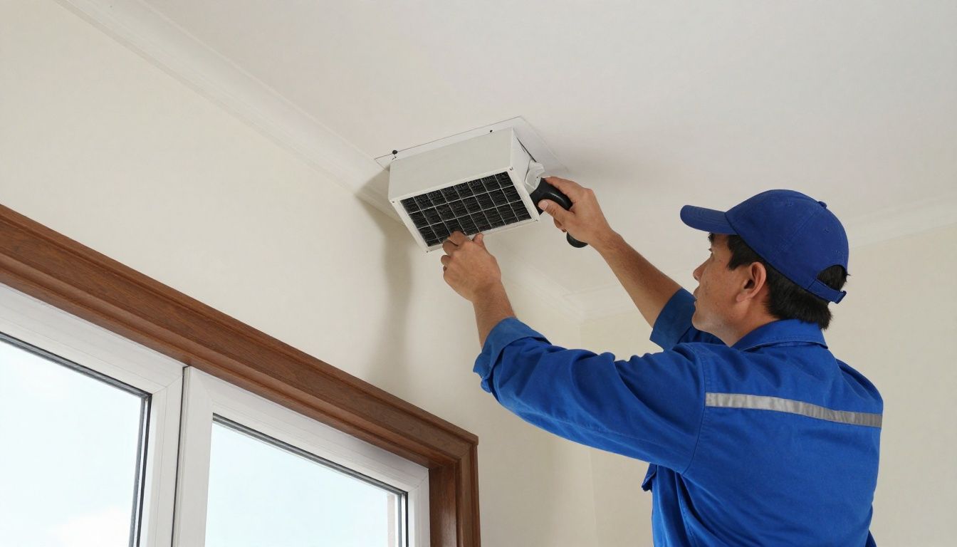 A professional HVAC technician in uniform performing a thorough air duct cleaning service in a residential home, emphasizing cleanliness and safety.