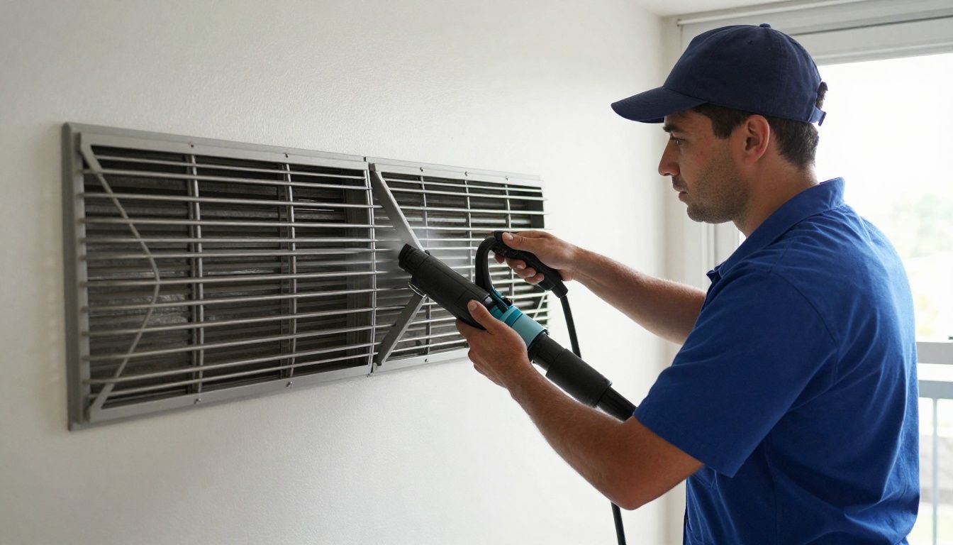 A professional duct cleaning technician inspecting home air vents with advanced vacuum equipment for a residential cleaning service
