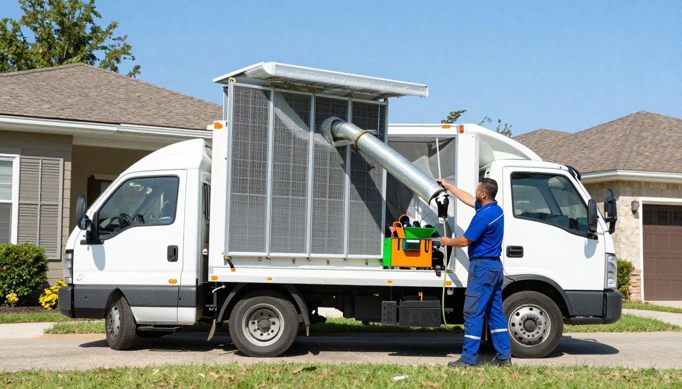 A professional technician from PT Duct Cleaning using truck-mounted equipment to clean residential air ducts in a suburban home.