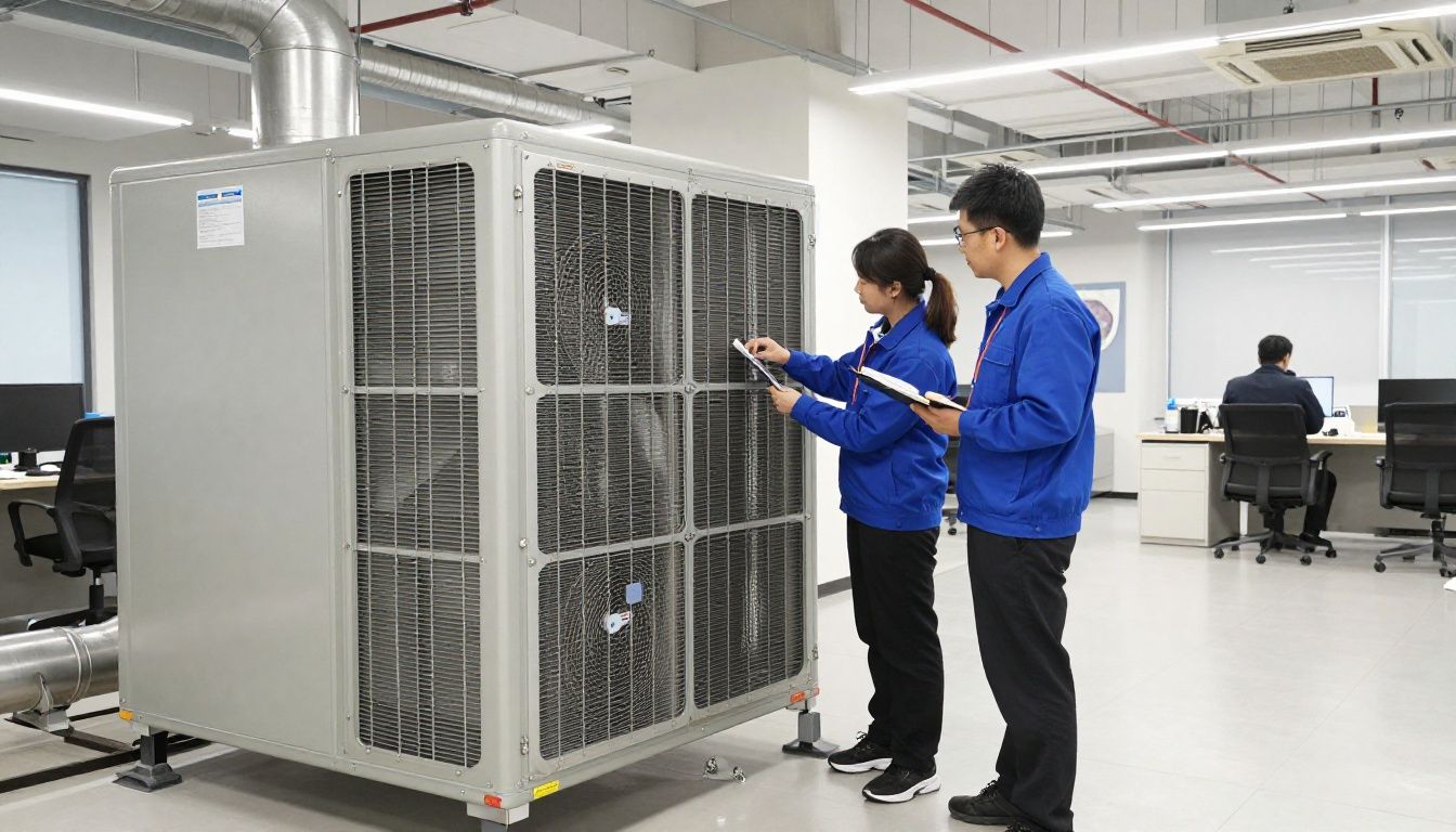 A professional technician in uniform inspecting a large commercial HVAC ventilation system in a modern office building in Chicago