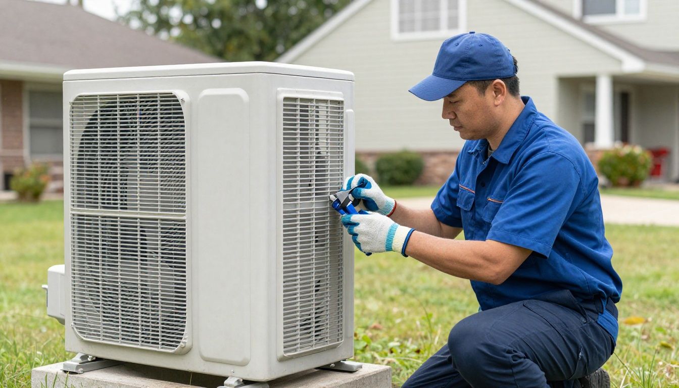 A professional HVAC technician in uniform working on a residential air conditioning unit in a suburban setting