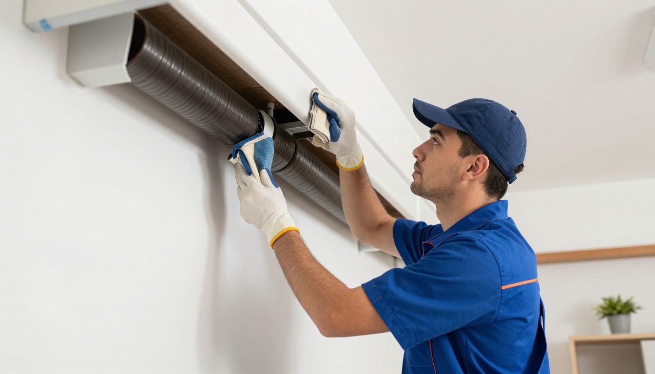 A professional HVAC technician in a clean uniform performing a thorough inspection and cleaning of residential ductwork in a well-lit home setting.