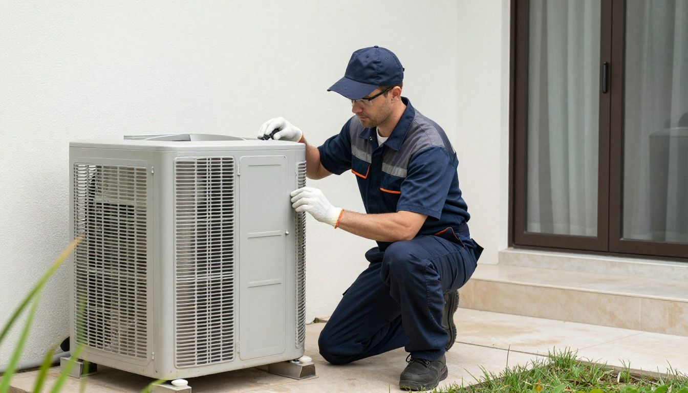 A professional duct cleaning technician from PT Duct Cleaning working on a residential HVAC system in a clean, modern home
