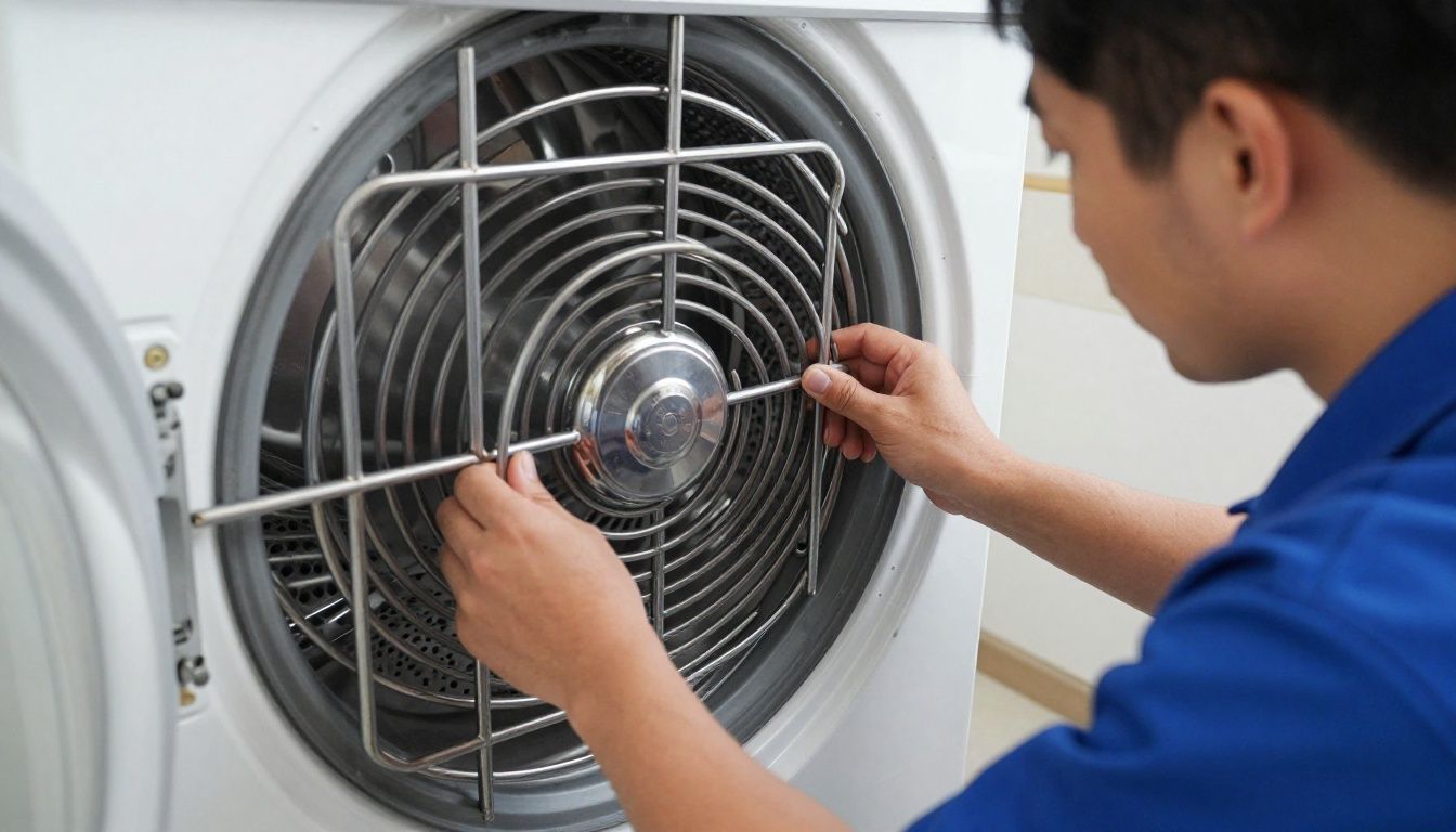 A professional technician carefully inspecting and cleaning a residential dryer vent to ensure home safety and optimize drying efficiency